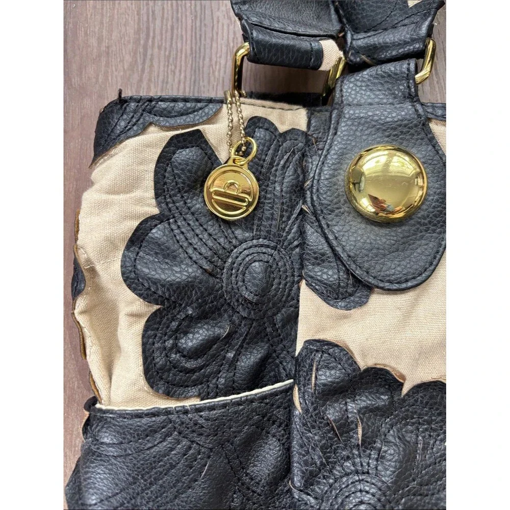 VTG Big Buddha Santa Barbara Black and Cream 3D Floral Appliqué Hibiscus Tote